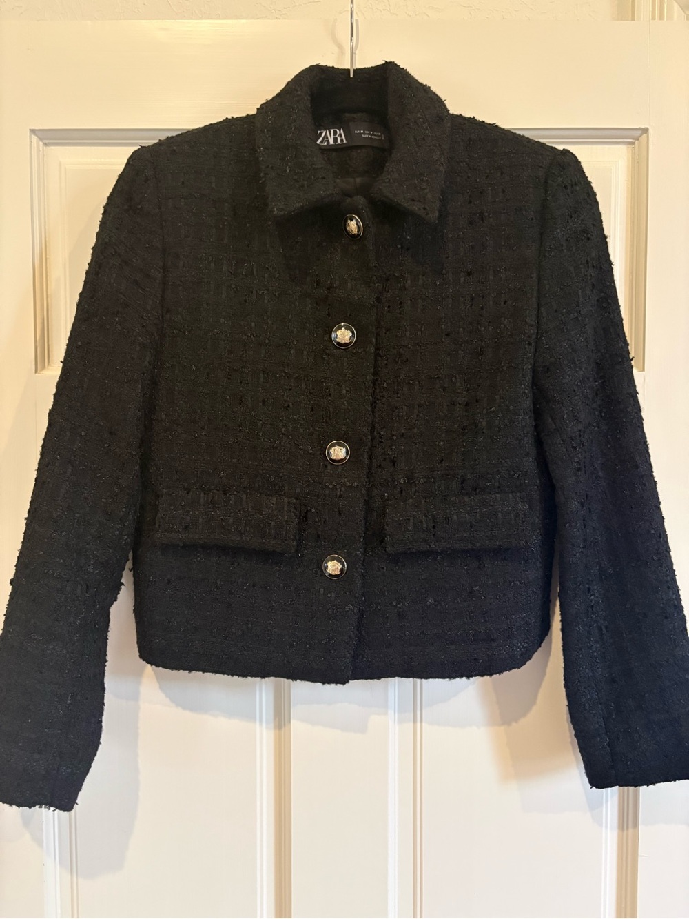 Zara Black Tweed Cropped Boxy Blazer with Gold-Tone Buttons